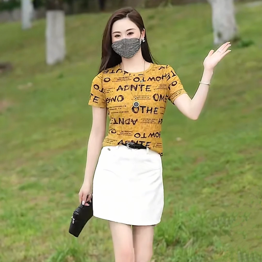 字母印花圆领短袖t恤女夏季2025新款时尚百搭休闲装洋气显瘦上衣