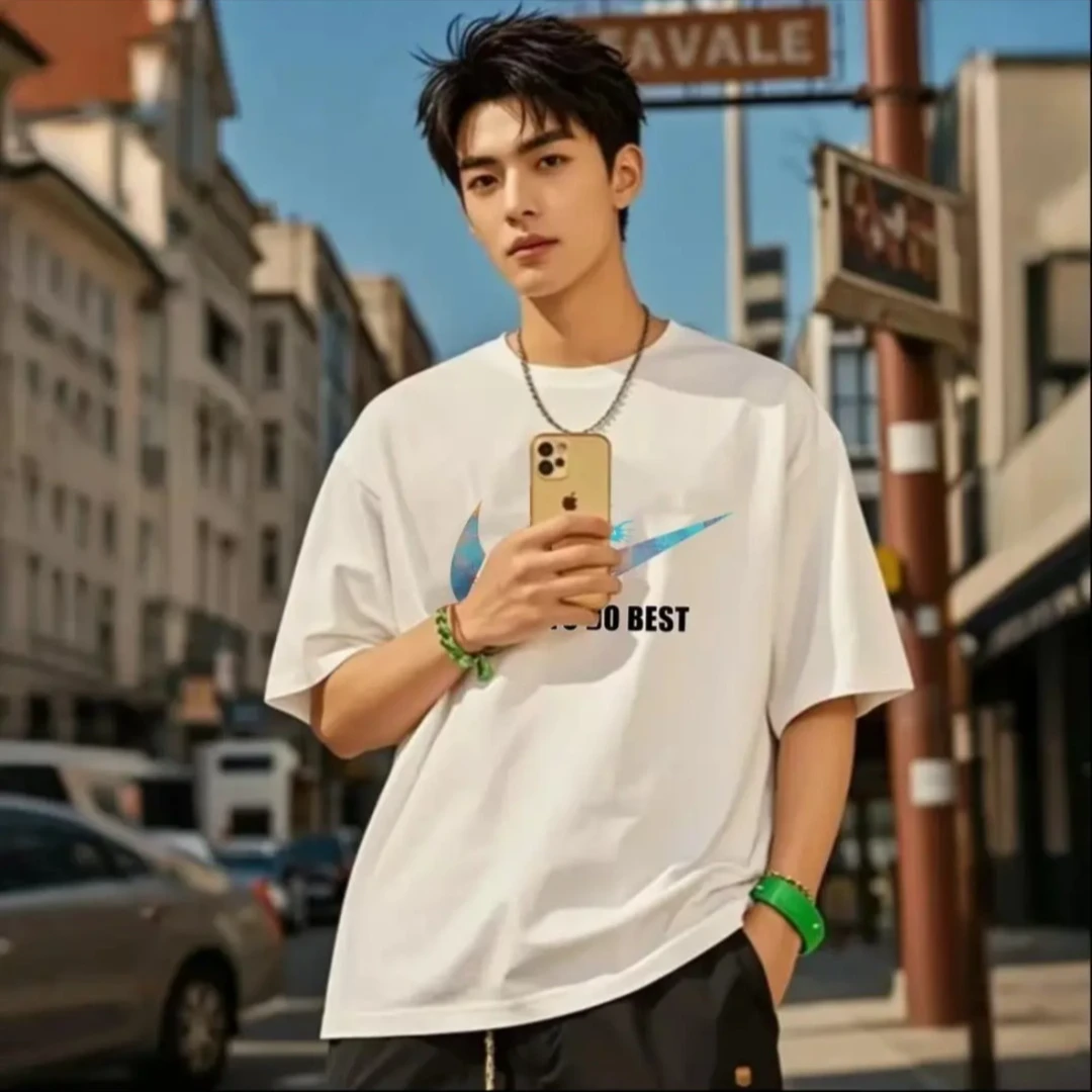 124夏季潮牌T恤男女同款情侣圆领时尚百搭T恤彩断勾