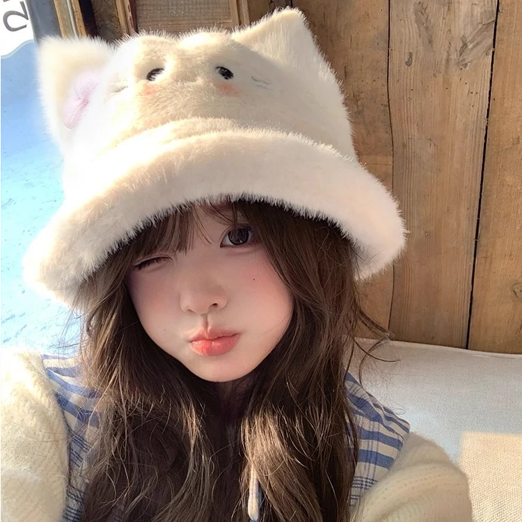 日系毛绒帽甜美猫咪渔夫帽子冬天毛茸茸女保暖护耳显脸小加厚盆帽