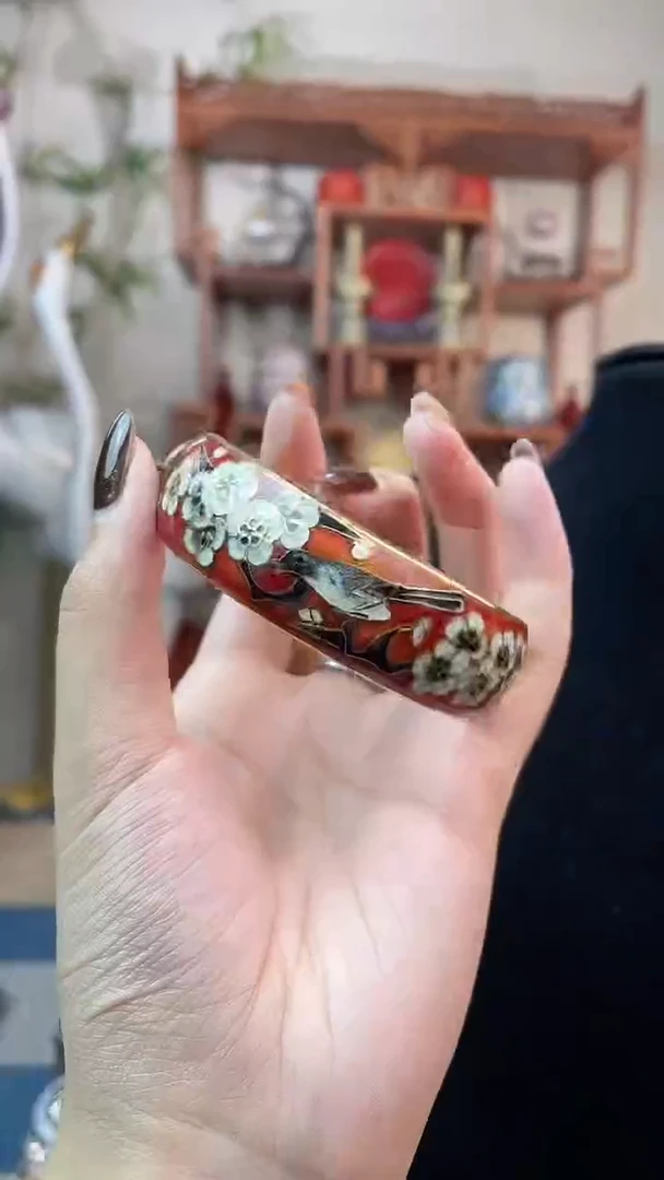 非遗手工景泰蓝开口银蓝镯子红色