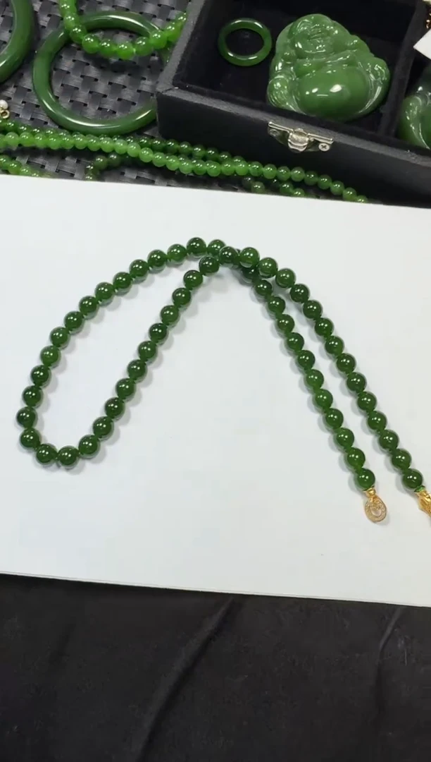 项链未镶嵌和田玉（碧玉）8m菠菜绿项链针尖点