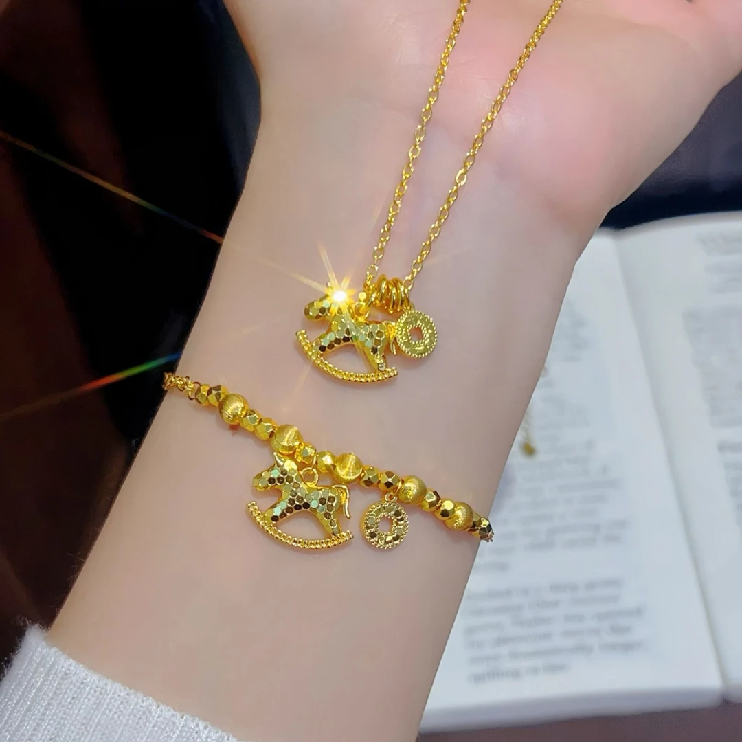 金色木马项链铜钱手链叠戴锁骨链 爆闪碎冰冰马上有钱