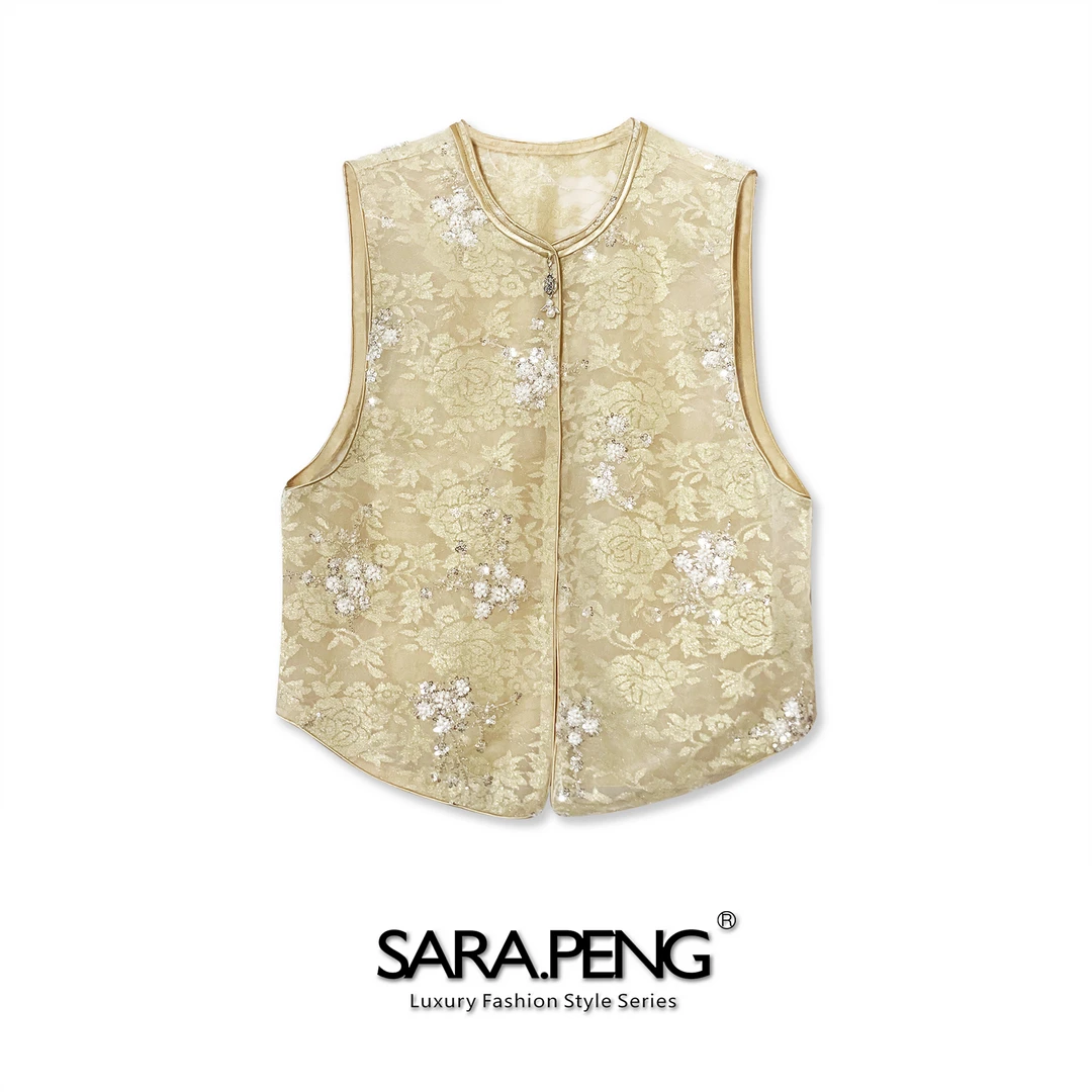 SARA.PENG贵名嫒/新中式桑蚕丝重工亮片钉珠花朵暗纹花马夹上衣