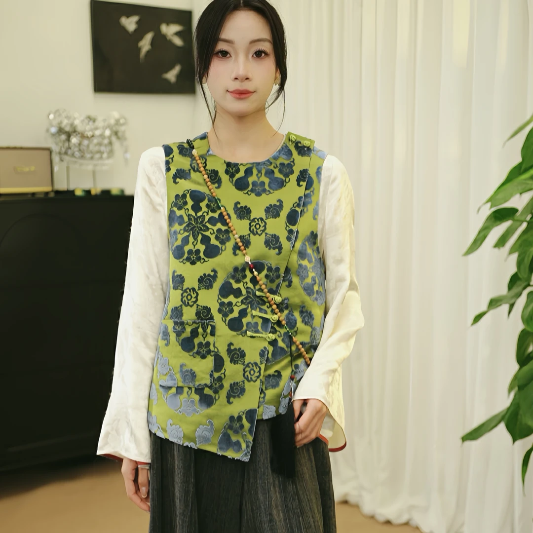 JINYU矜羽【绒花】八宝葫芦漳缎！非遗新中式国风女装一字扣马夹