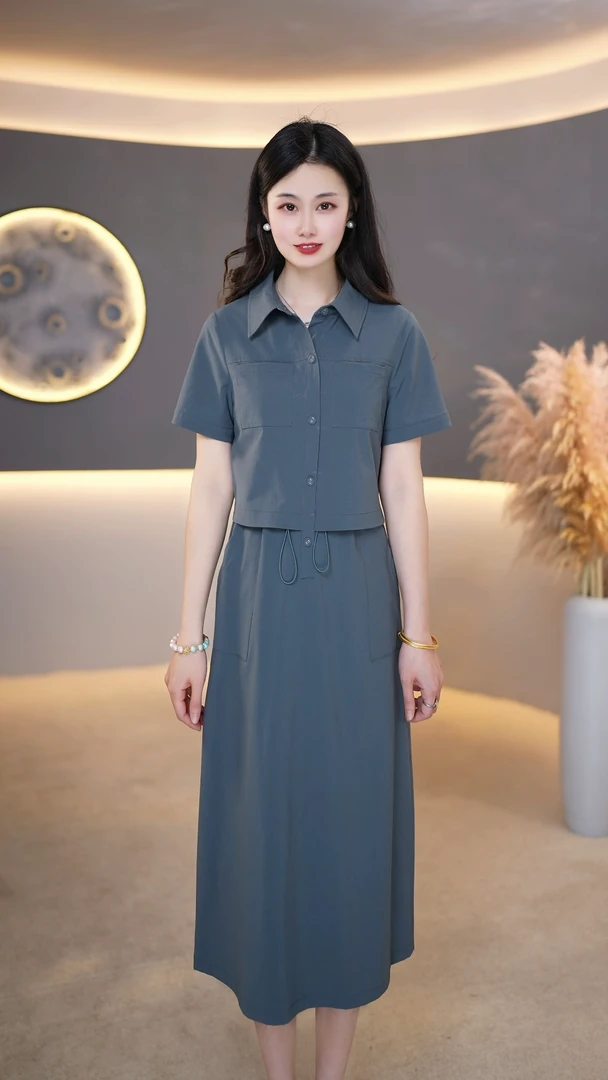 新款810气质灰蓝色连衣裙女夏季装松弛感高端精致中长款裙子