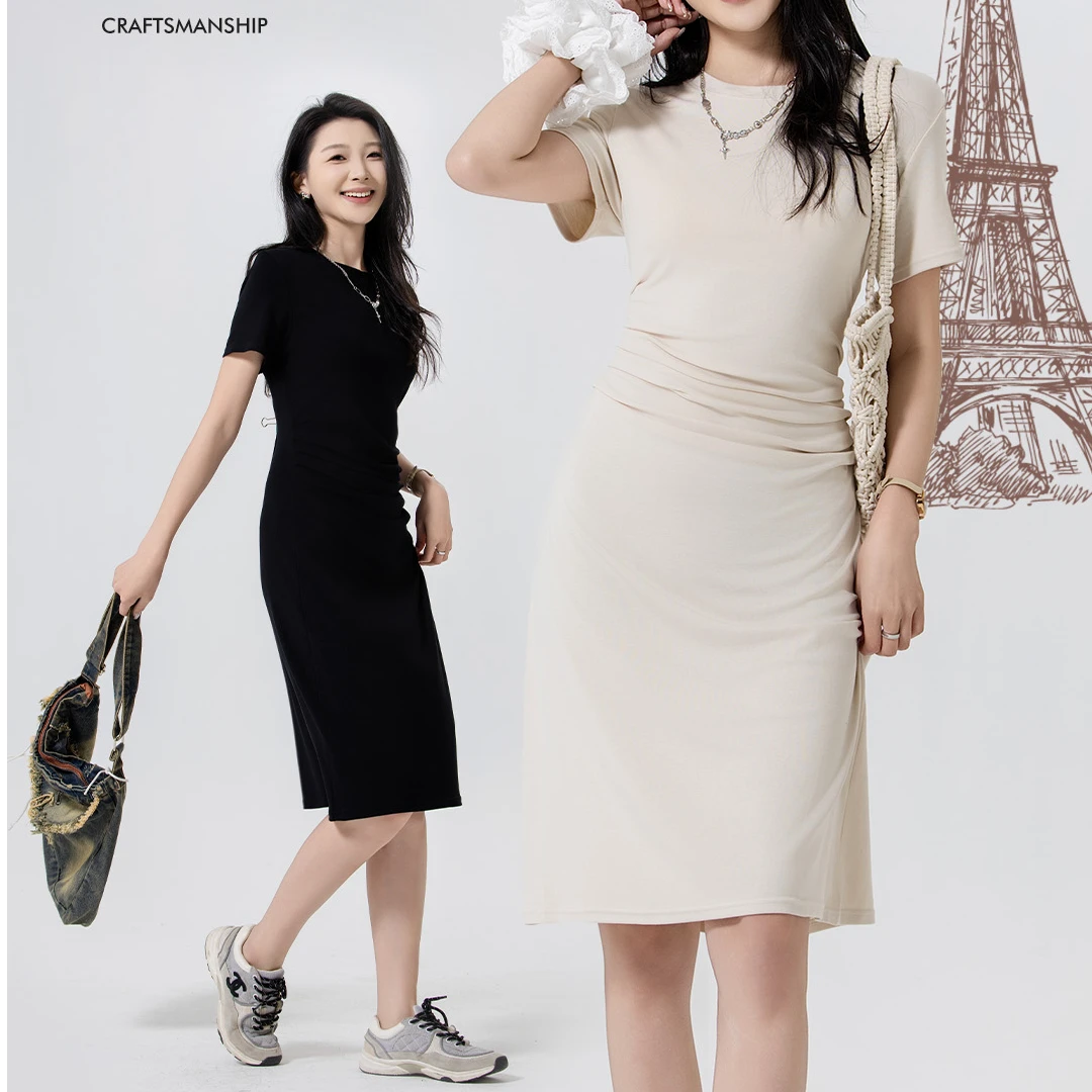 2025春夏新款腰间褶皱连衣裙圆领修身中长款短袖连衣裙小众显瘦