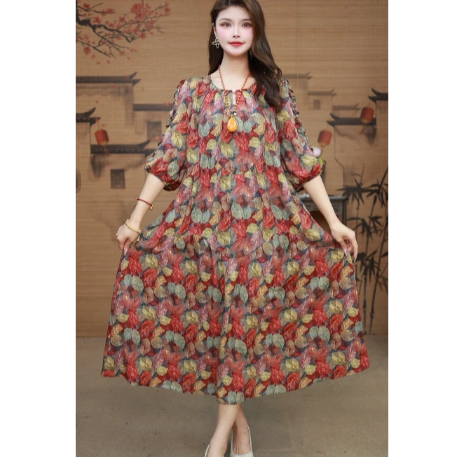 35大U【春暖花开】女装碎花裙瘦连衣裙气质长裙中袖