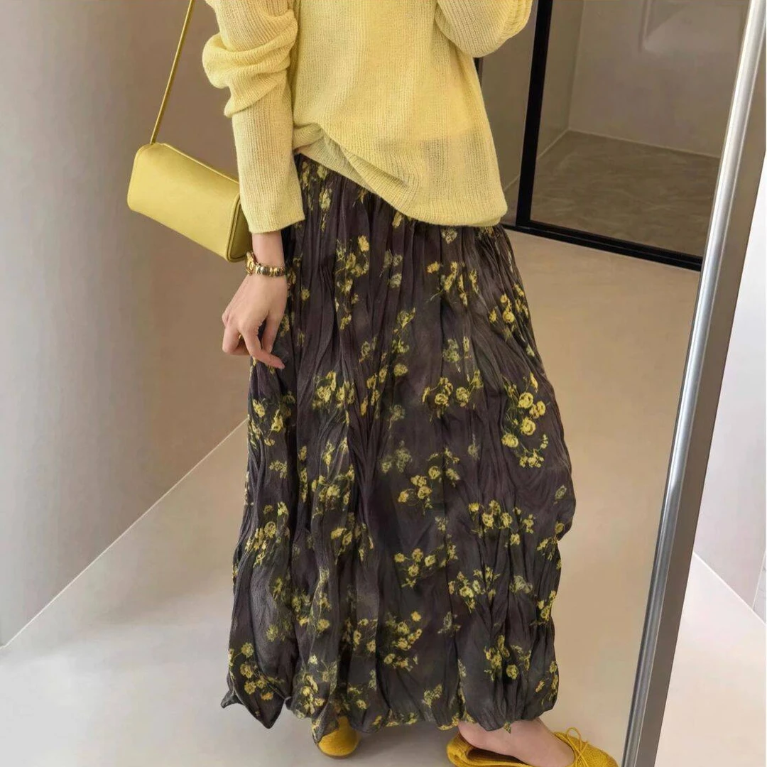 夏季韩版时尚褶皱碎花百褶半身裙A字版洋气显瘦高腰网红中长款裙