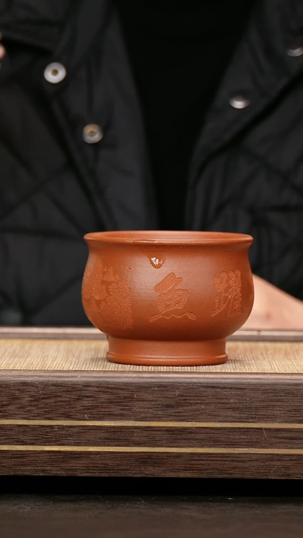 茶壶紫砂红泥 将军杯 刻绘