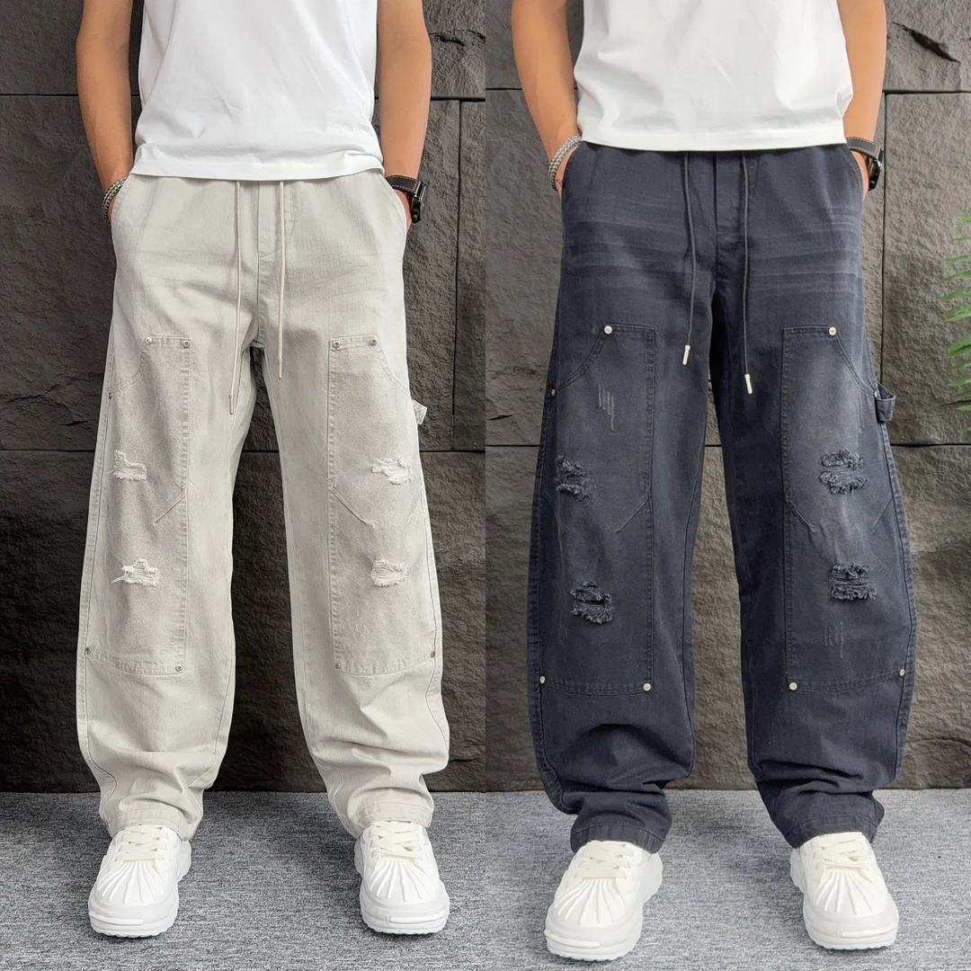 2025秋季潮牌牛仔裤男时尚百搭破洞弯刀裤复古水洗休闲工装裤痞帅