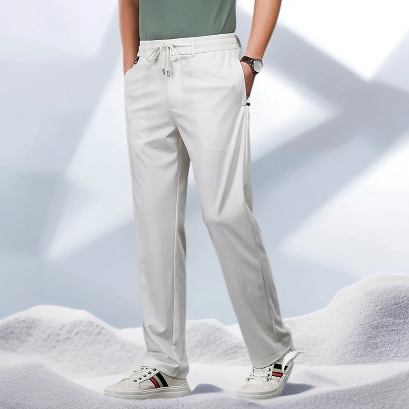 宾斯洛特时尚桑蚕丝裤子男士夏季新款宽松直筒天丝运动休闲长裤男