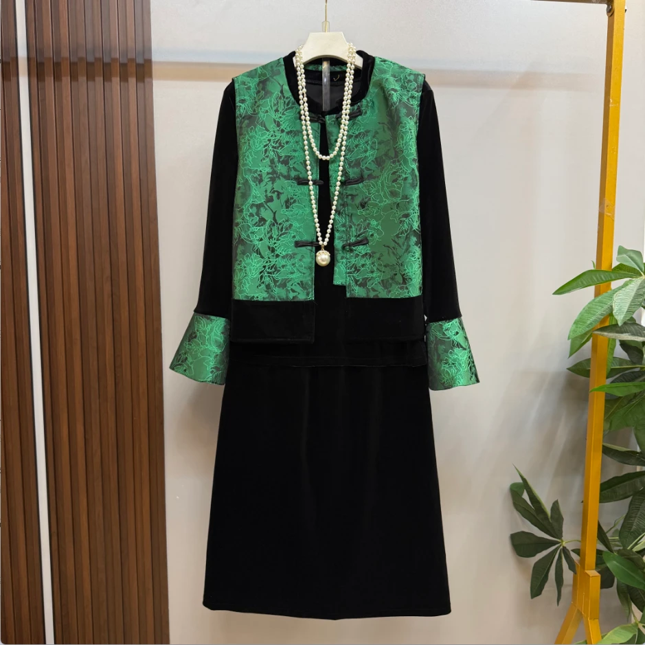 秋季新款微胖女装时尚高端气质新中式复古马甲半身裙三件套套装