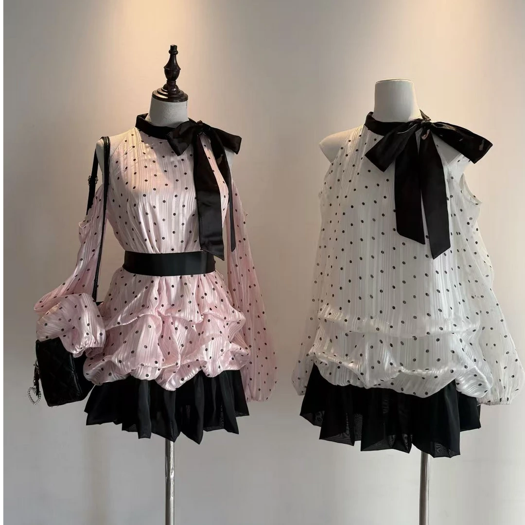 莉莉丝 vintage古着千金风 中古波点挂脖花苞连衣裙