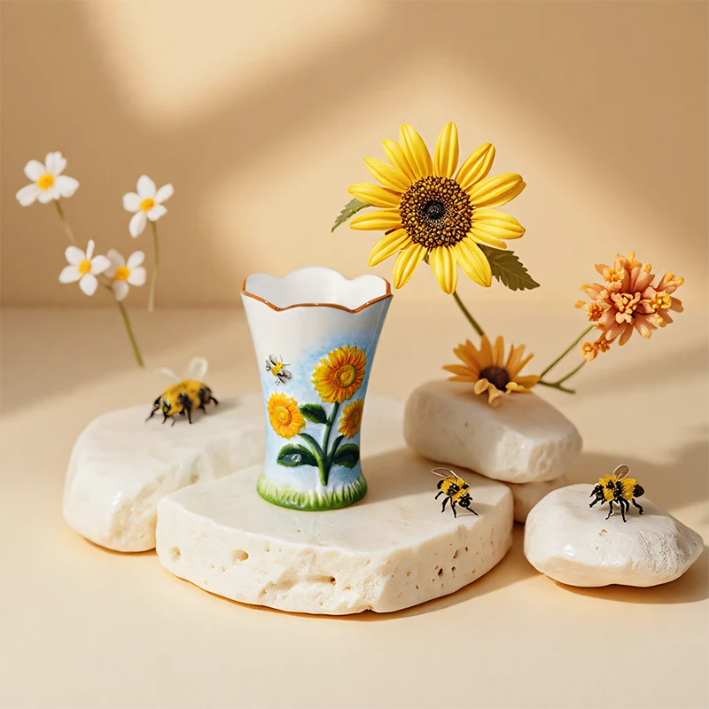 手绘陶瓷台置式筷架台式筷子笼创意手工浮雕太阳花大容量筷子筒