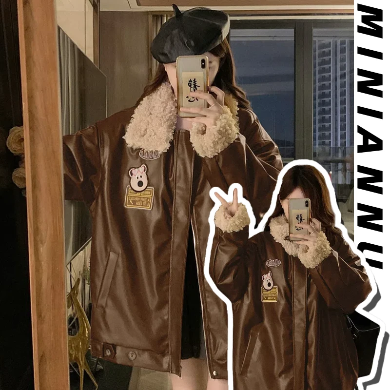 300斤特大码女装美式复古翻领夹克女秋冬季加绒加厚百搭夹棉皮衣