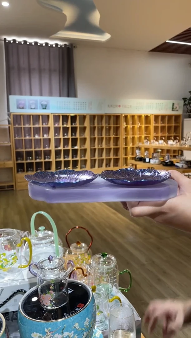 手工艺品玻璃钛杯碟蓝色两只啊