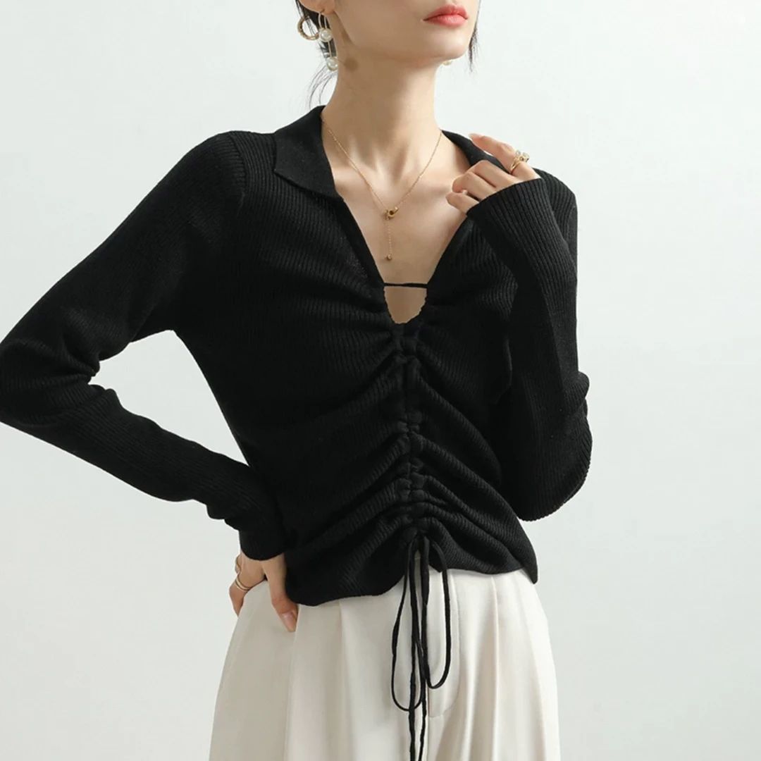 1833 祺欣家 韩版抽绳小众设计高级感简约风修身显瘦针织衫