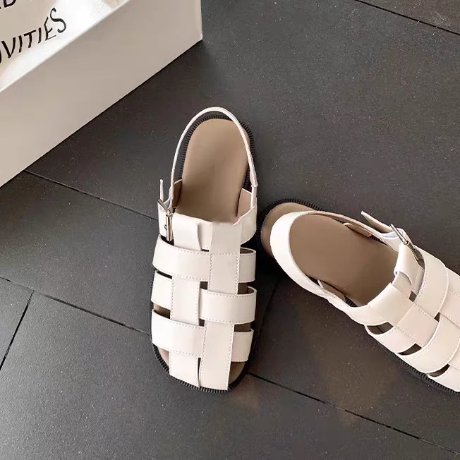 2025夏季新款镂空猪笼鞋编织包头平底罗马凉鞋女厚底拖鞋  8331