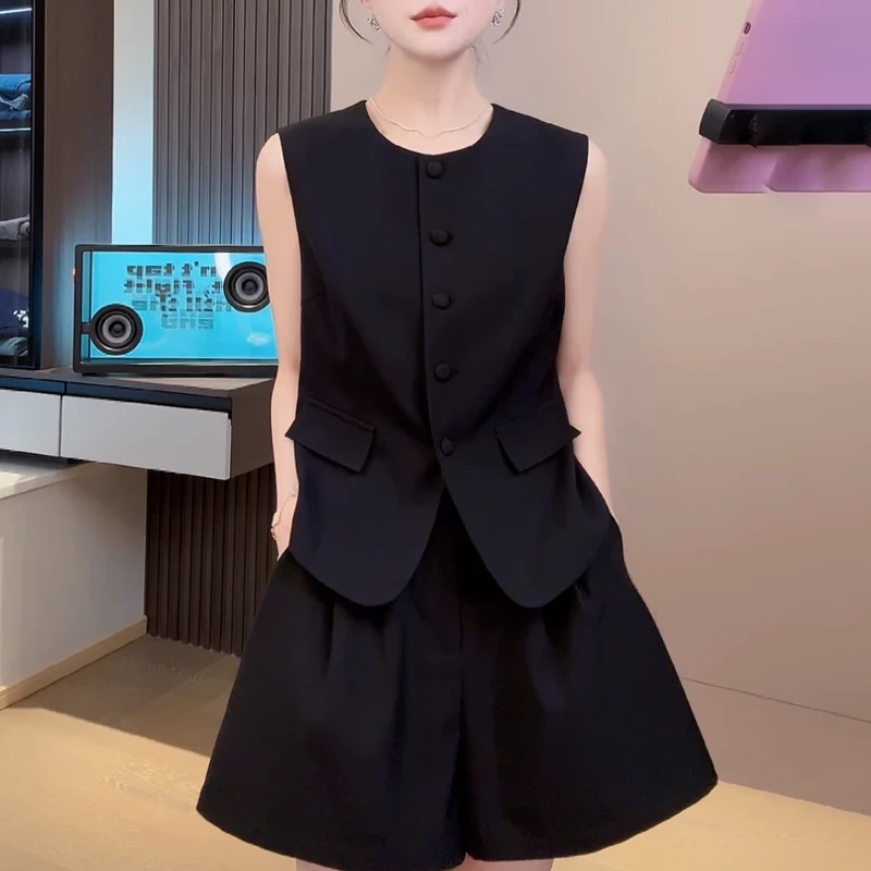 【黑曜石】时尚无袖马甲上衣＋半松紧腰短裤休闲风两件套夏季