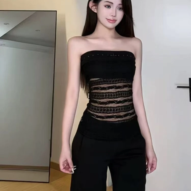 【Carrive宋肉肉】辣妹性感露肩蕾丝外搭铆钉抹胸带胸垫两件套女