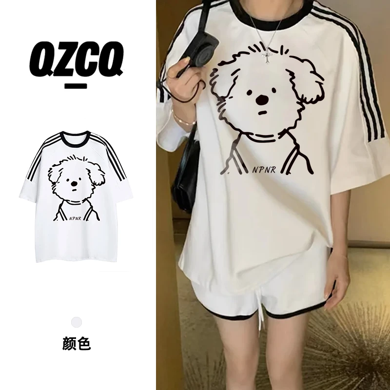 QZCQ简约小狗百搭宽松港风三条杠短袖休闲t恤韩版潮休闲上衣圆领