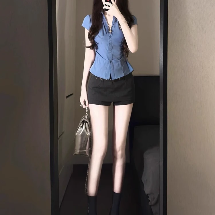 美式学院风蓝色短袖正肩衬衫女夏季2025辣妹修身掐腰短款上衣小衫