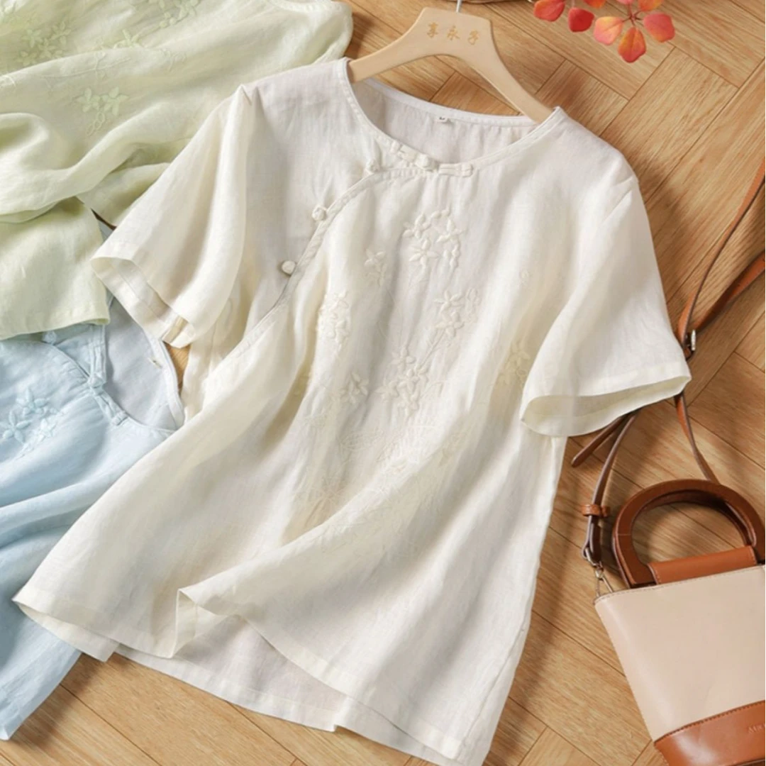 中式国风复古刺绣宽松文艺盘扣衬衫棉麻夏季上衣款20衬衣新中式