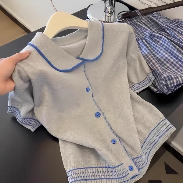 韩系灰蓝撞色polo翻领针织短袖T恤女夏大码胖MM纯欲慵懒风女装