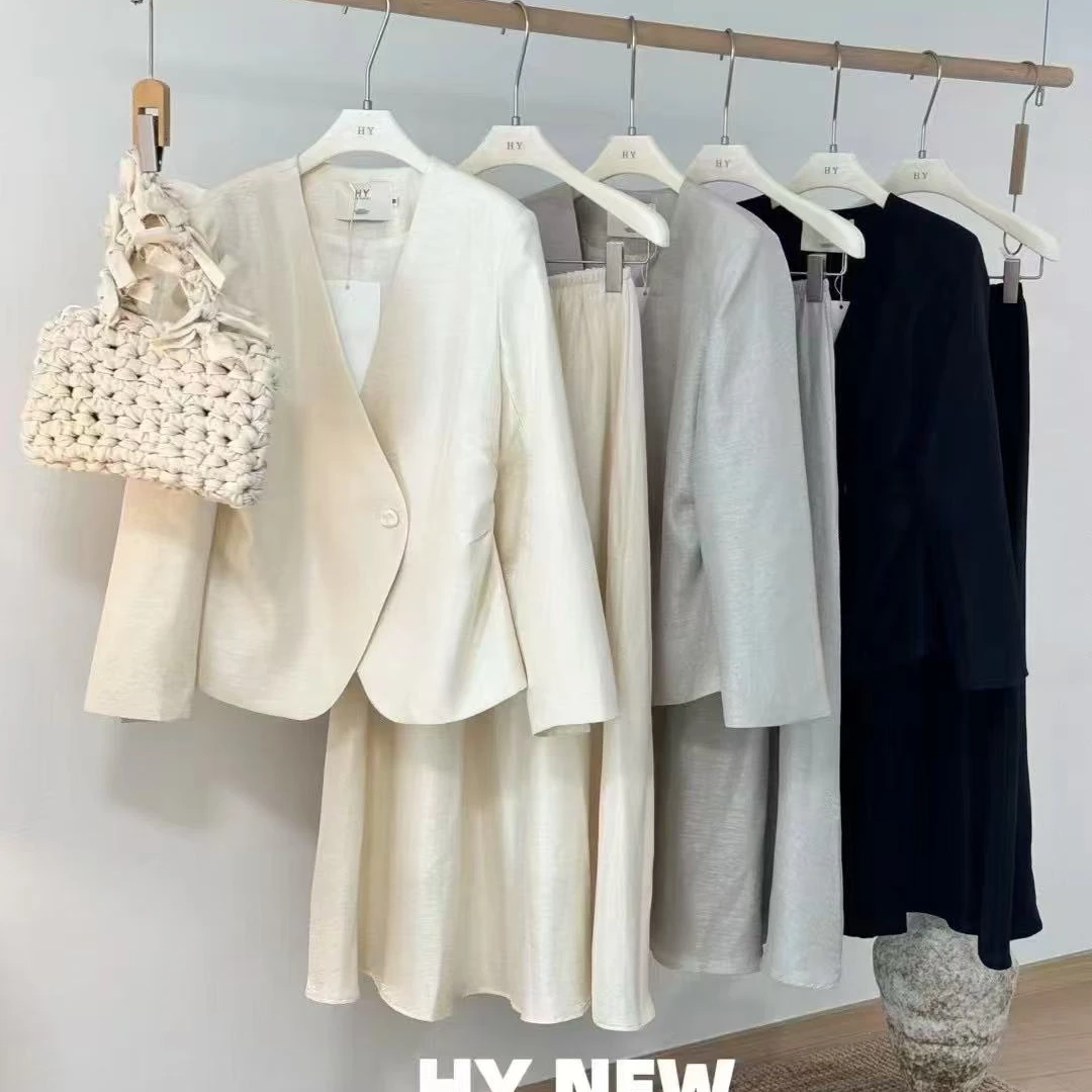 2025春季新款韩版设计感小香粗花收腰短外套不规则纽扣长裙套装女