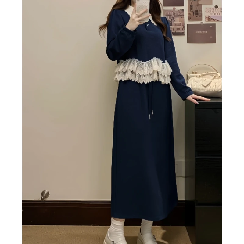 大码秋季新款设计感法式蕾丝撞色上衣+百搭半身裙显瘦遮肉两件套