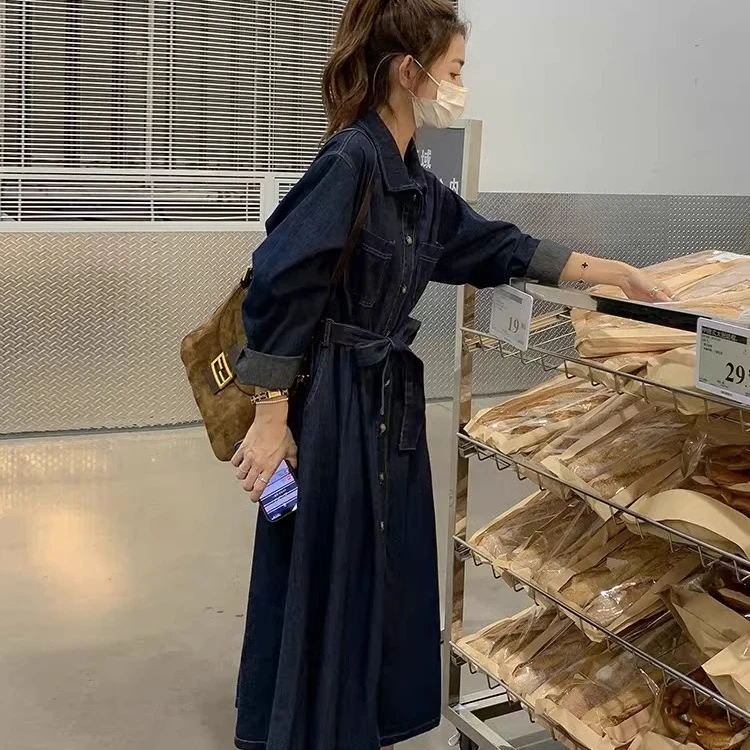 彩俏芝盐系穿搭衬衫裙女2025春秋新款宽松港味复古chic牛仔连衣裙