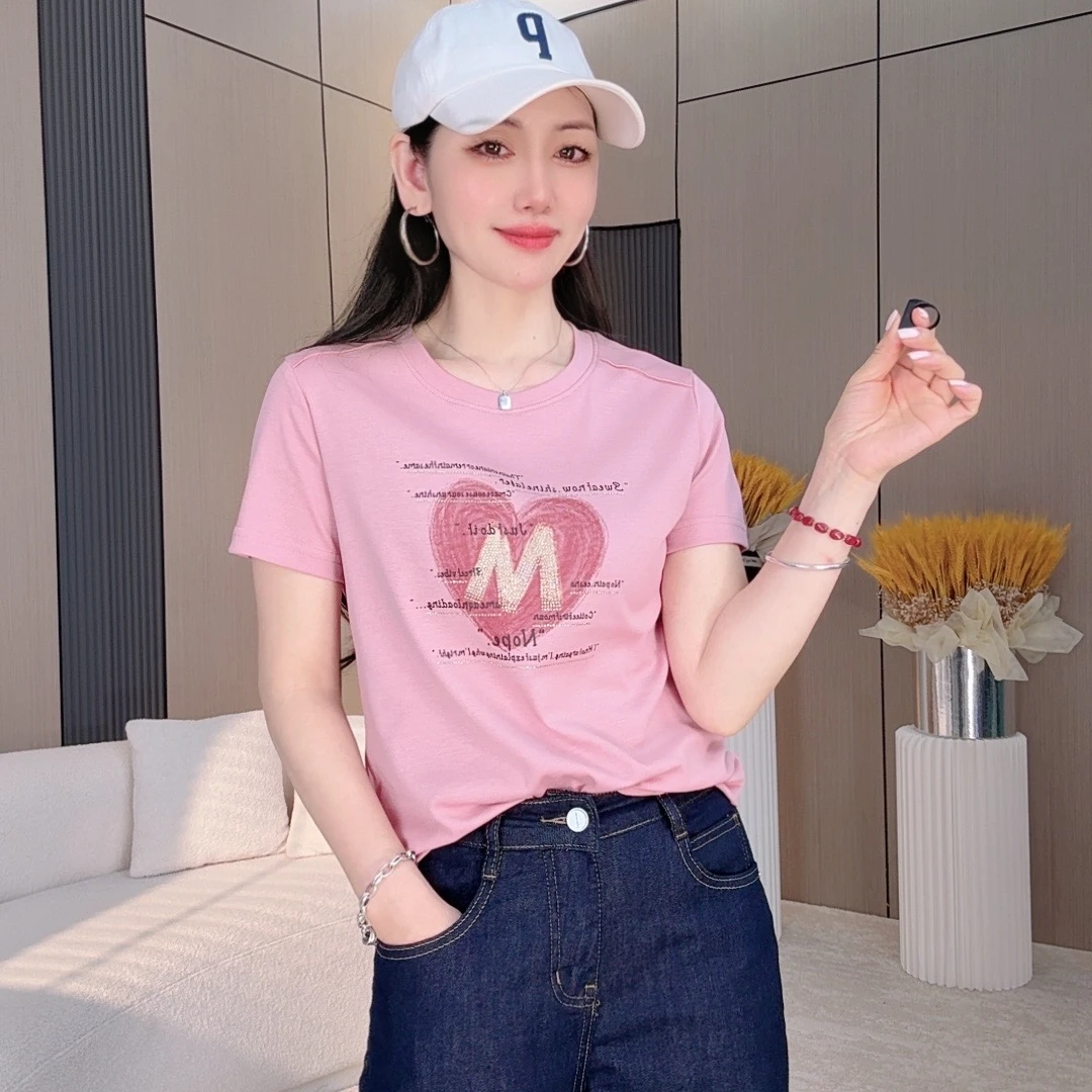 【5251】2025新款夏季女士T恤圆领爱心字母短袖简约百搭洋气经典