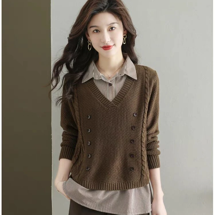 假两件针织上衣女装年新款秋女装打底衫衬衫领毛衣