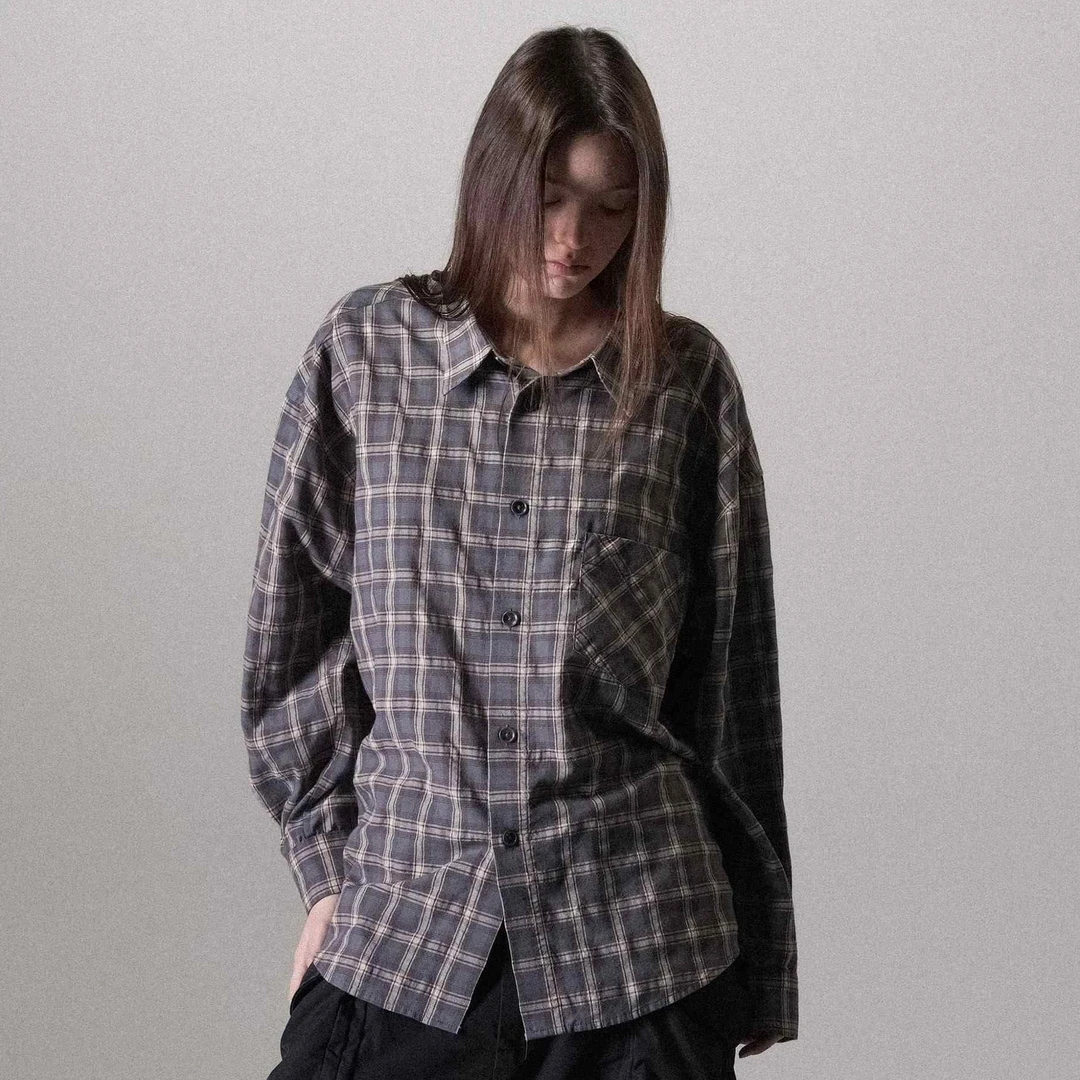 huntingold脏染格纹衬衫高端面料复古廓形做旧长袖经典日系1533