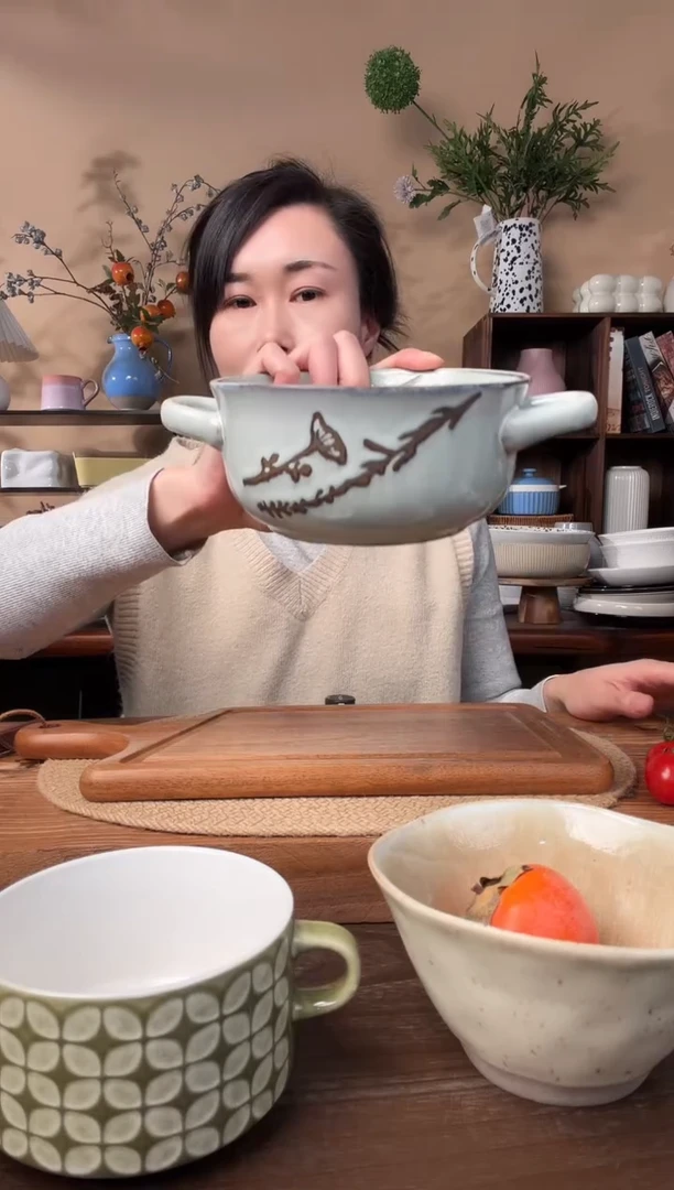 6英寸复古窑变淡绿叶子双耳碗微瑕