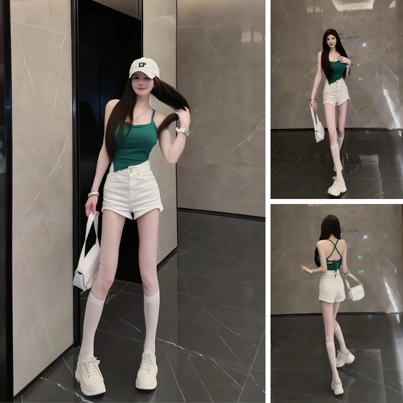2025年夏季韩系休闲运动洋气套装绿色绑带吊带显瘦修身短裤两件套