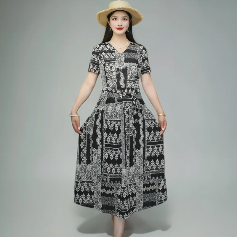 夏季碎花裙中长裙套头连衣裙显瘦复古夏装印花V领裙子