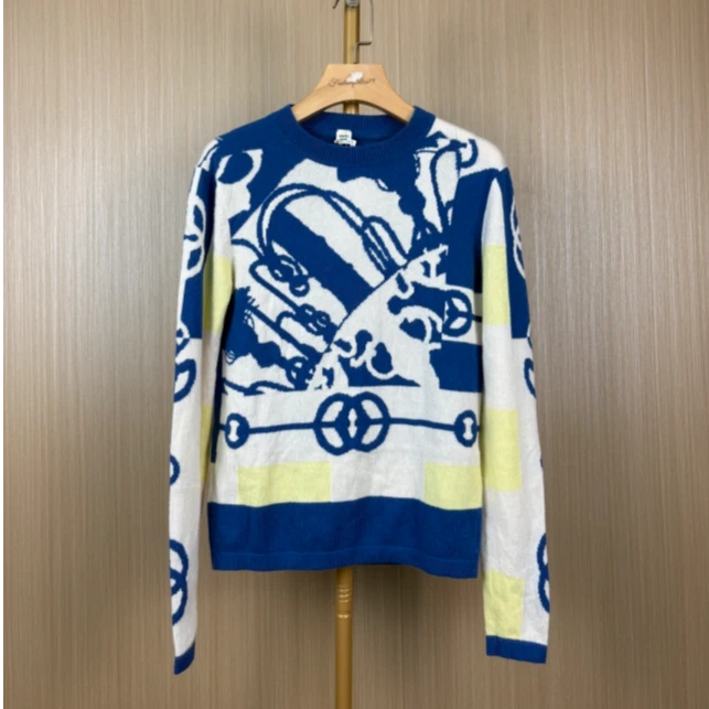99新 Hermes/爱马仕 蓝白黄链条拼接毛衣36 12期免息 16967489
