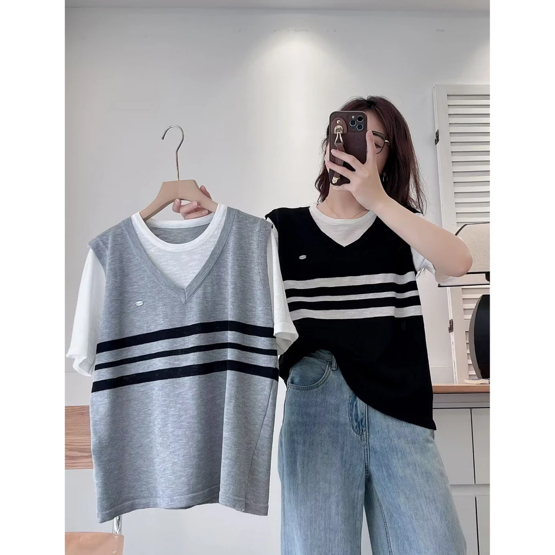 学院风拼接假两件短袖女夏季设计感撞色条纹宽松t恤冰丝针织上衣