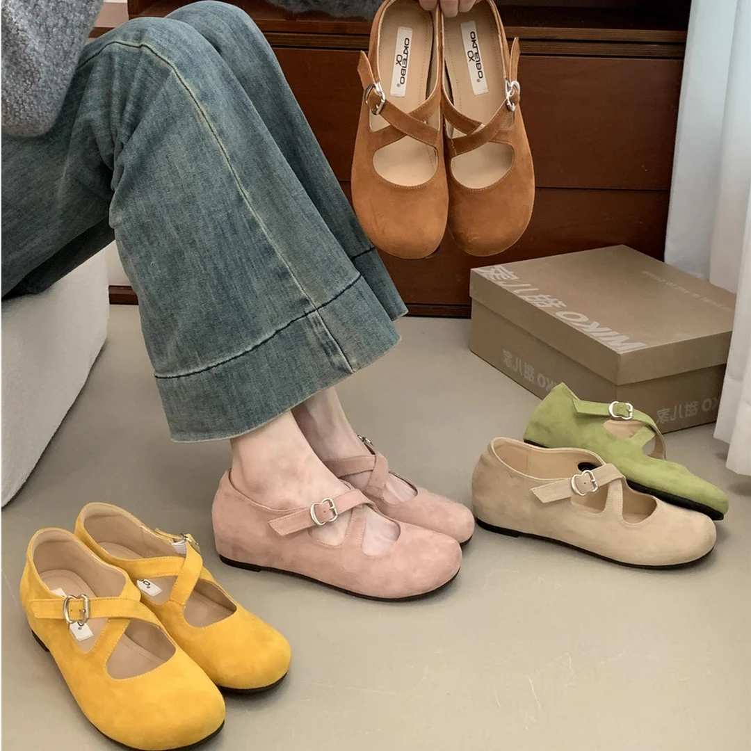 内增高厚底复古粉色圆头单鞋女鞋2025新款休闲交叉带时尚玛丽珍鞋