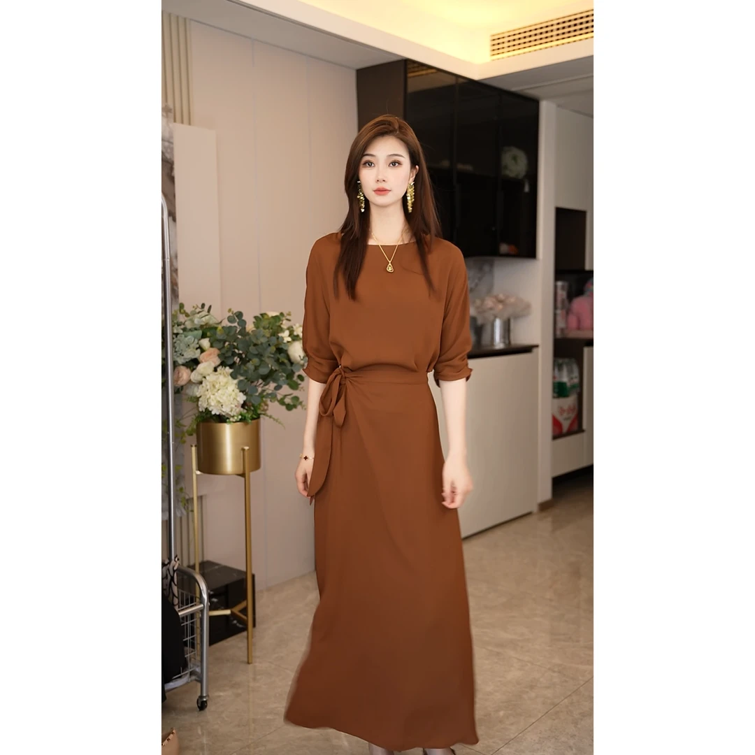焦糖色一片式设计裹裙显白温柔气质显瘦夏季法式连衣裙