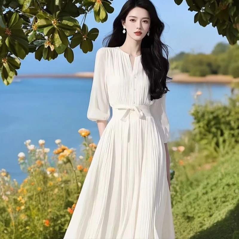 千语栀【浮云玉白】七分袖气质连衣裙轻奢高级感女装通勤白色连衣裙