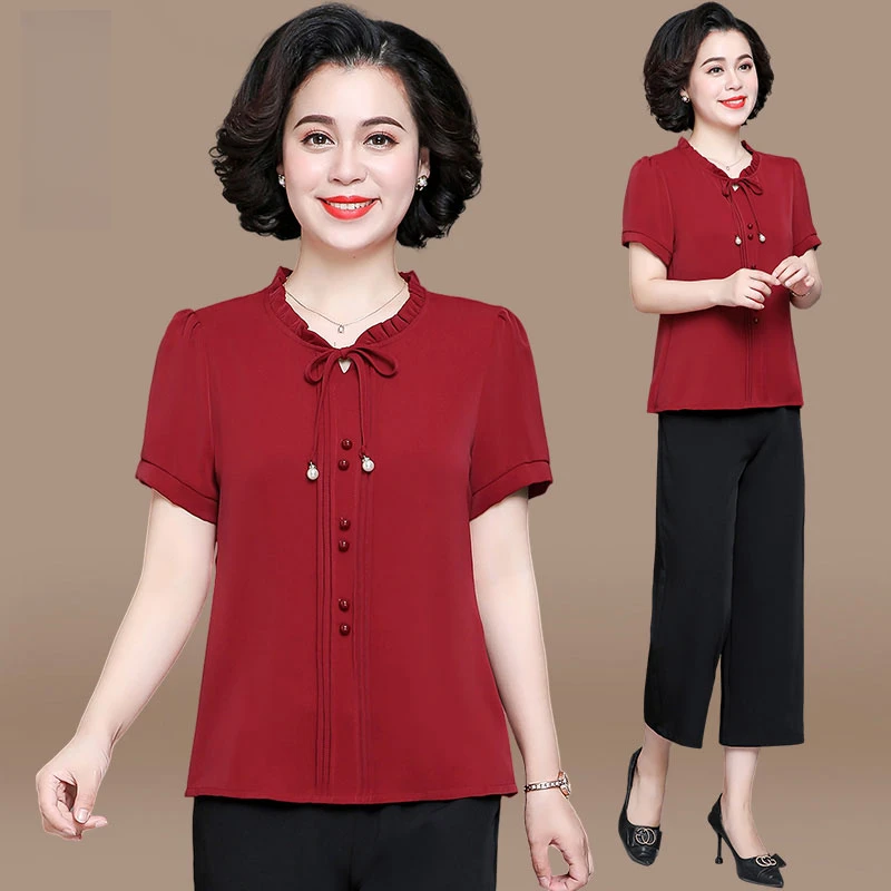 中年妈妈夏季套装洋气上衣新款夏装中老年女装婚礼婚宴短袖雪纺衫