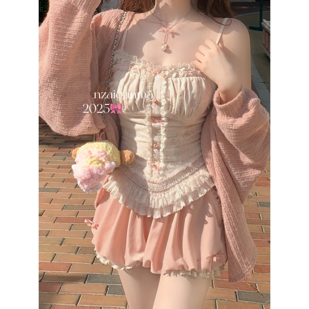 蜜桃马卡龙 公主风设计款上衣花苞短裤开衫时尚套装秋冬款