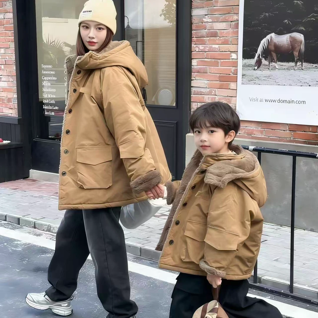 亲子装中长款派克服棉服男女款冬款外套保暖连帽加绒加厚棉衣儿童