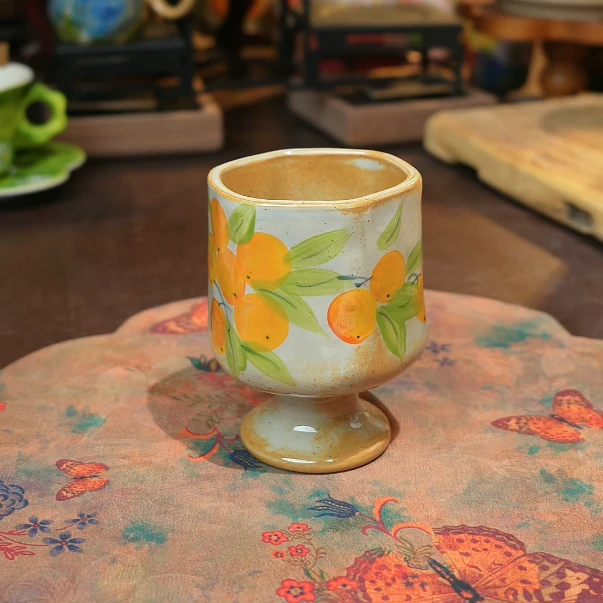 【94】1870-300ml六边形枇杷高脚杯（老陶泥）福