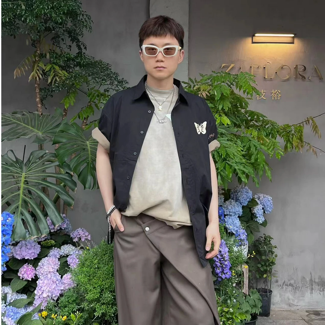 POP DOMINO美式复古蝴蝶印花短袖衬衫男女宽松休闲百搭上衣