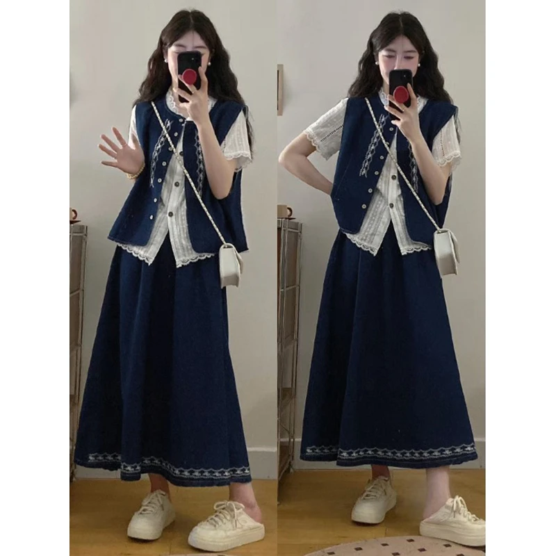 大码减龄气质套装2025春夏胖MM遮肚藏肉牛仔马甲半身裙蕾丝三件套