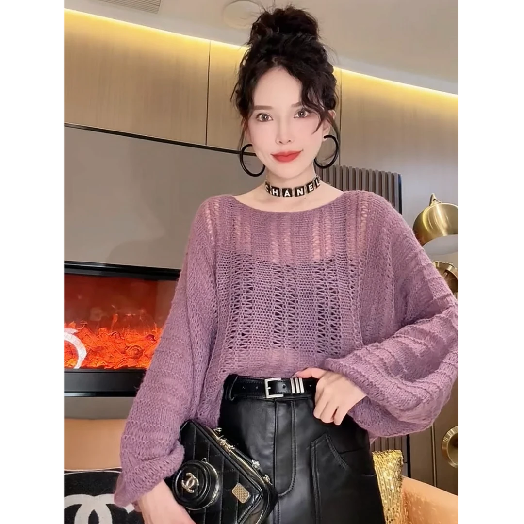 秋季新款超柔上衣女灯笼袖软糯外搭圆领套头薄毛衣镂空罩衫