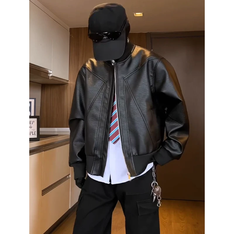 美式复古短款时尚外套男款潮牌秋季高级感痞帅机车夹克立领棒球服